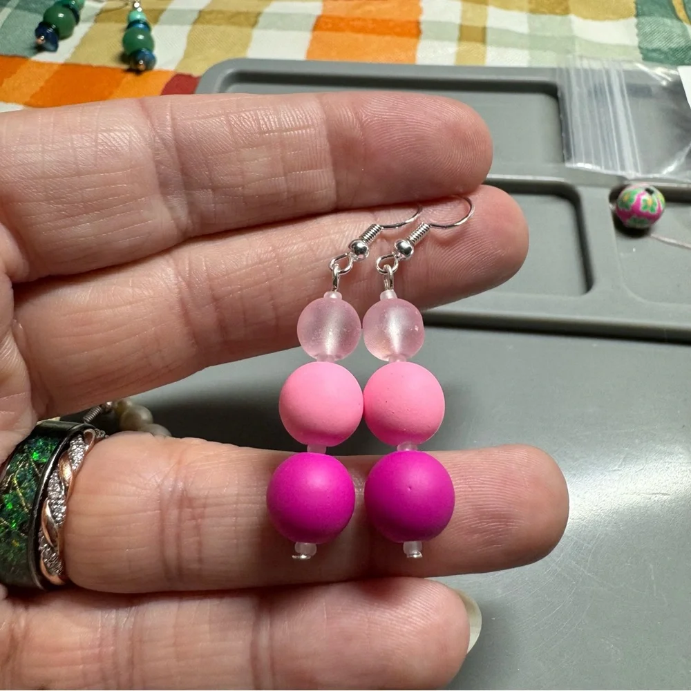 Pink Rubber Coated Glass Drop Dangle Earrings‎ 2” Handmade